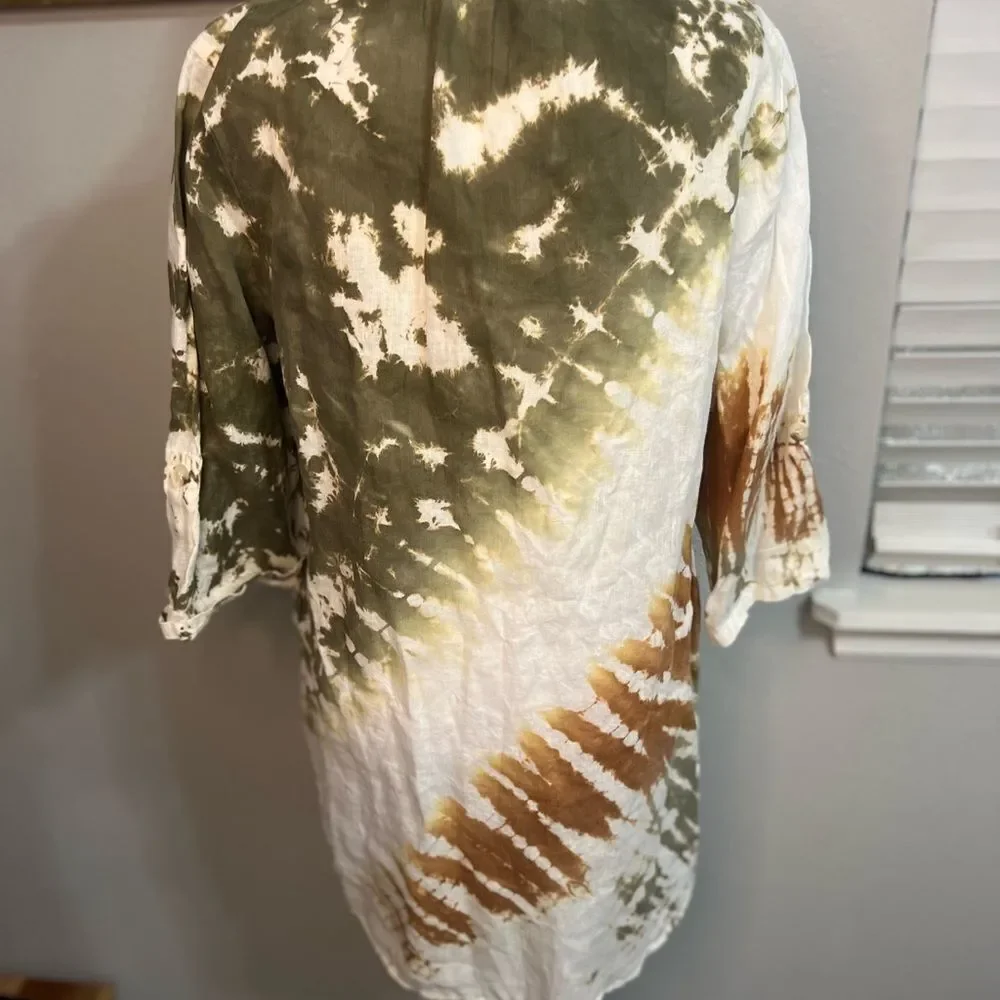 Xovi Linen Shirt Green Medium Tie Dye Tunic Length Pockets Convert Sleeves - Picture 5 of 13